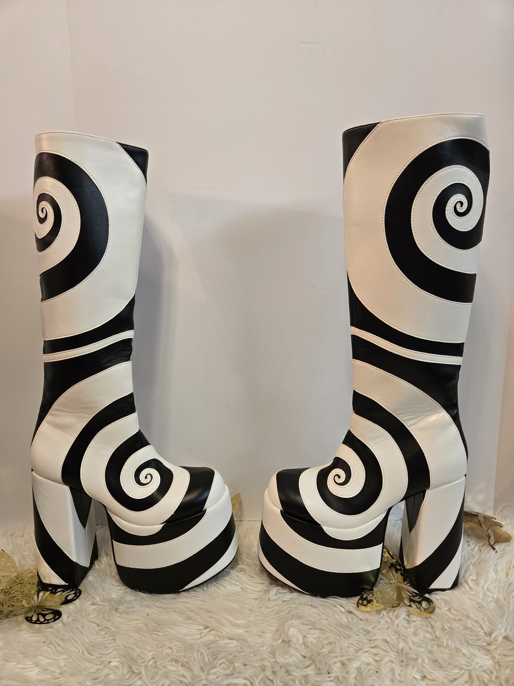 Vintage Black & White Swirl Platform Knee-High Boots